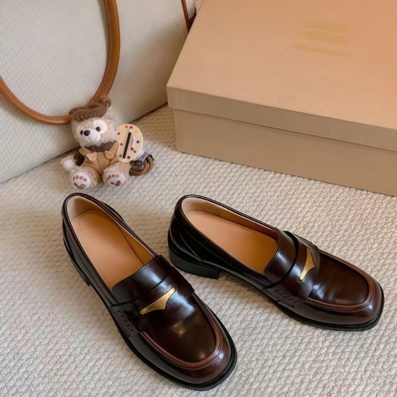 Women's Vintage British-Style Round Toe Block Heel Loafers with Gold Metal Detail in Dark Brown Microfiber Leather