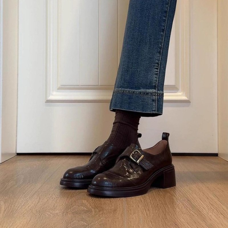 Women's British-Style Genuine Leather Round Toe Block Heel Monk Strap Loafer