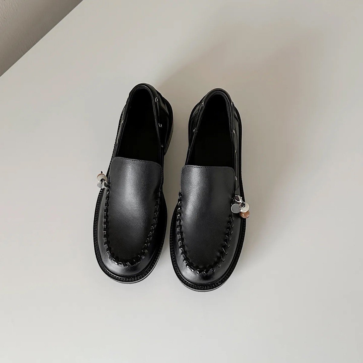 Women's Round Toe Slip-On Loafer with Bead Charm and Woven Edge Detail - Genuine Leather Upper, Block Flat Heel