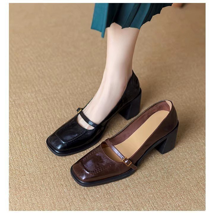 Women's Genuine Leather Square Toe Mary Jane Block Heel Pumps with Gold Buckle Strap