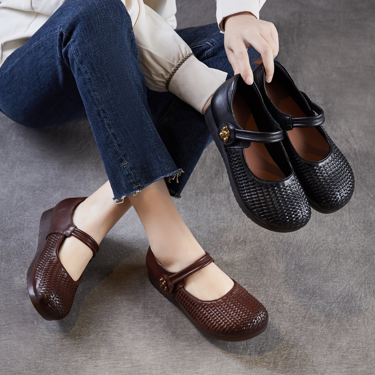 Women's Woven Genuine Leather Mary Jane Flats with Velcro Strap and Gold Flower Embellishment - Retro Round Toe Low Heel Casual Shoes