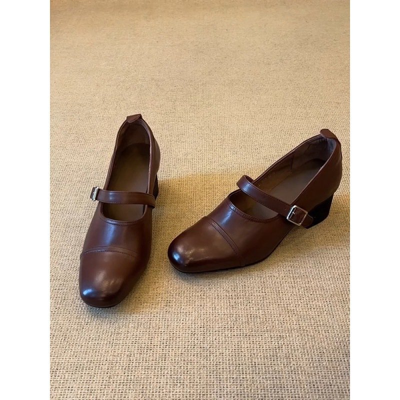 Women's Brown Genuine Sheepskin Mary Jane Pumps with Square Toe and Block Heel
