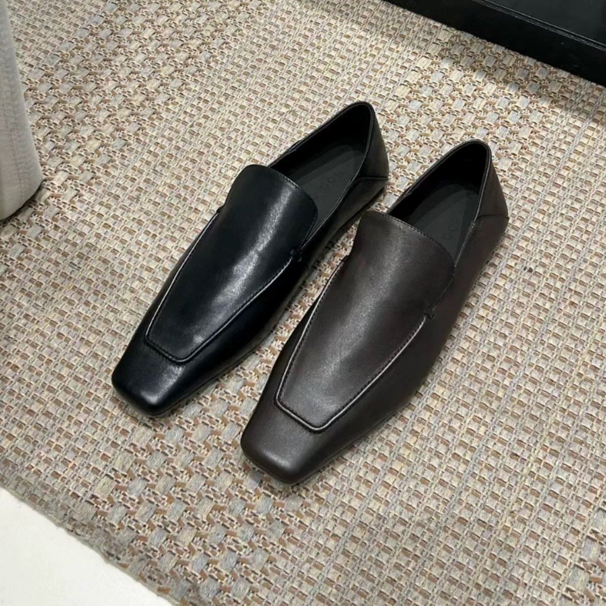 Women's Square Toe Flat Loafer in Split Leather - Vintage British Style Slip-On Dress Shoe