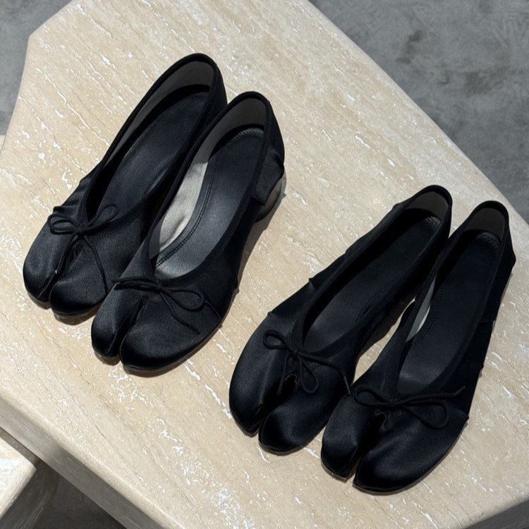 Women's Black Satin Split-Toe Ballet Flat with Bow Detail and Block Heel