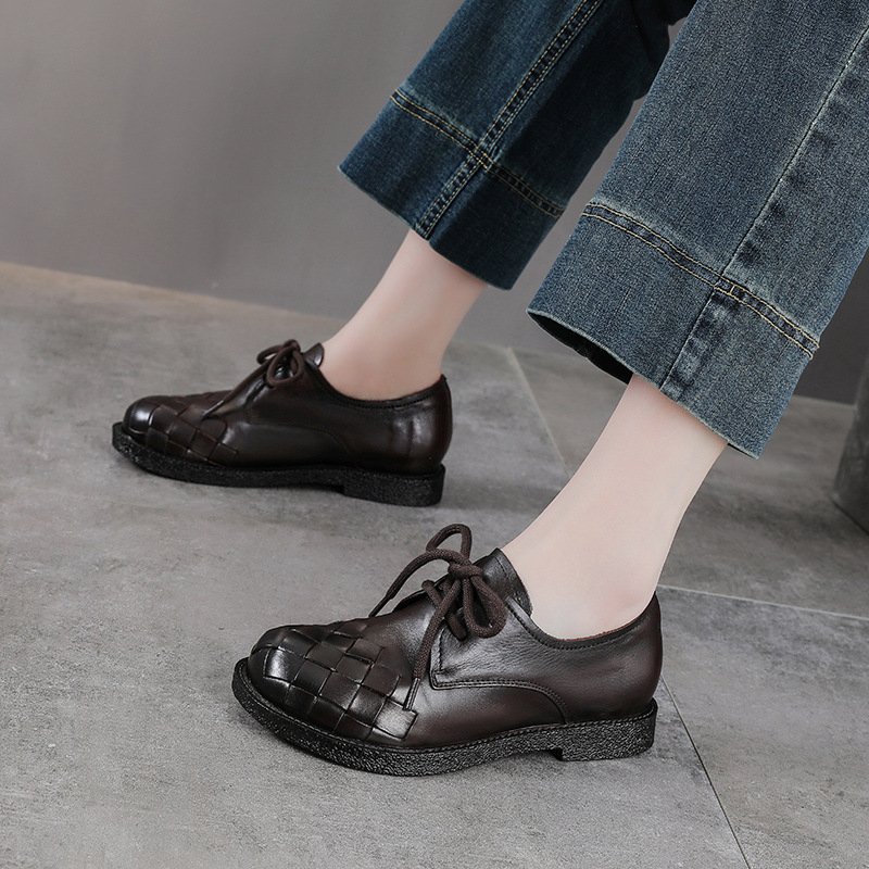Women's Round Toe Lace-Up Leather Platform Oxfords Flats