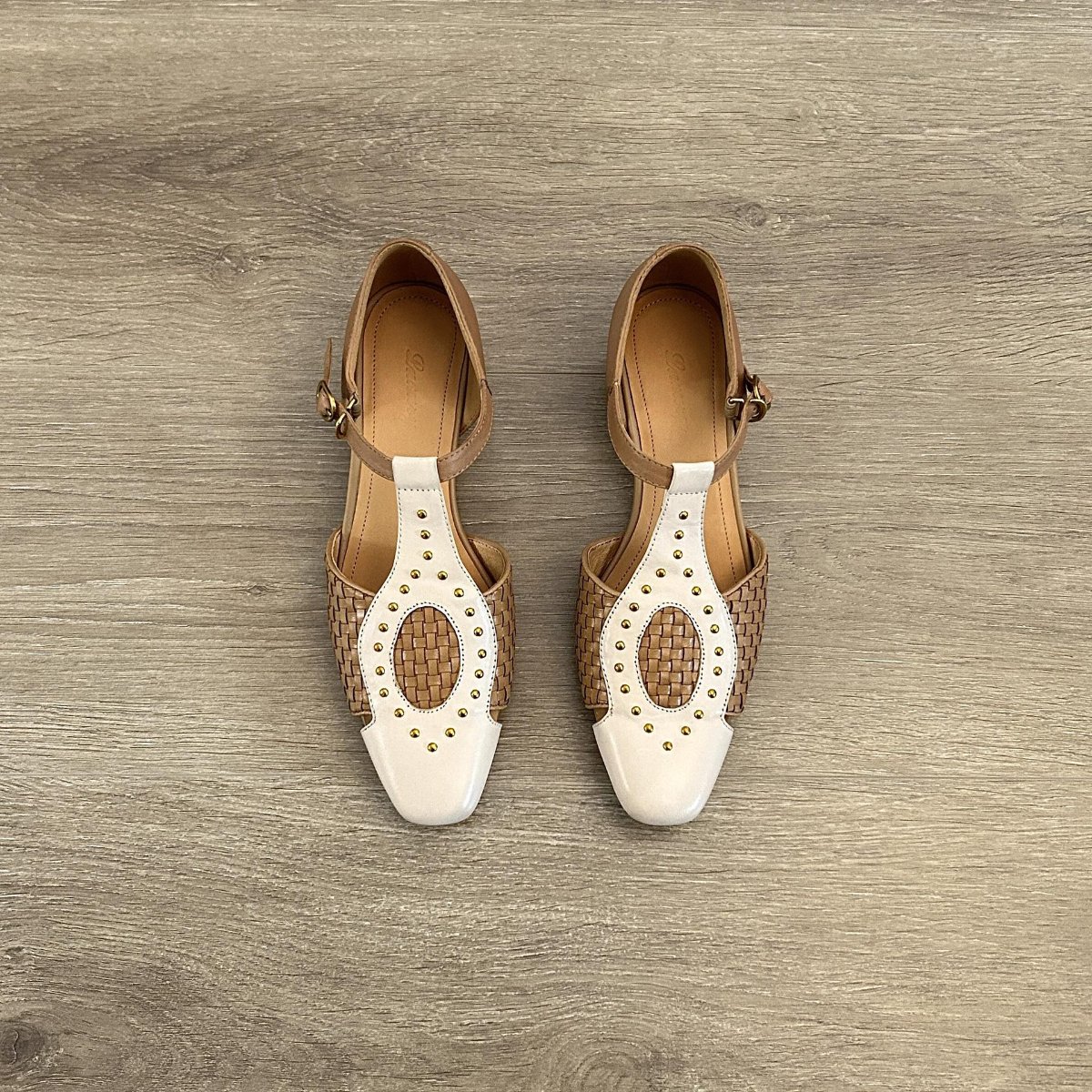 Vintage Retro T-Strap Mary Jane Flats with Woven Leather Upper, Square Toe, Gold Studs & Block Heel