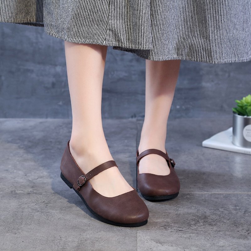 Women's Genuine Leather Round Toe Flat Loafers with Buckle Strap