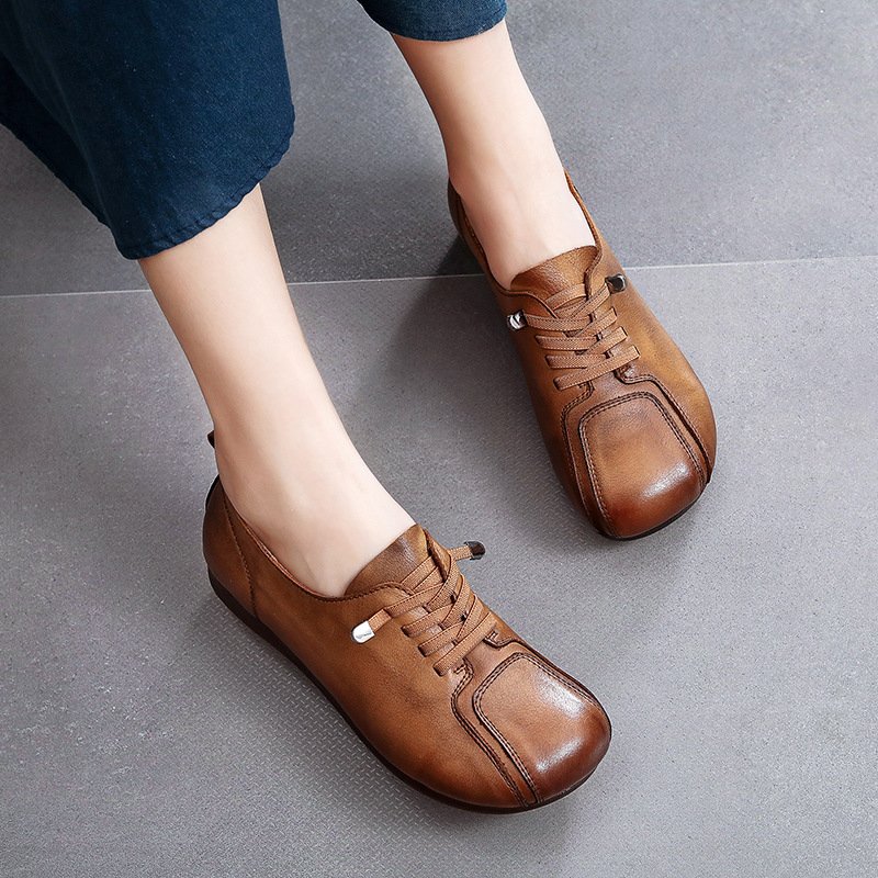 Women's Washed Leather Wedge Slip-On Loafers with Round Toe
