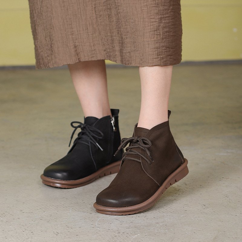 Women's Round Toe Pull-On Leather Martin Ankle Boots with Flat Heel