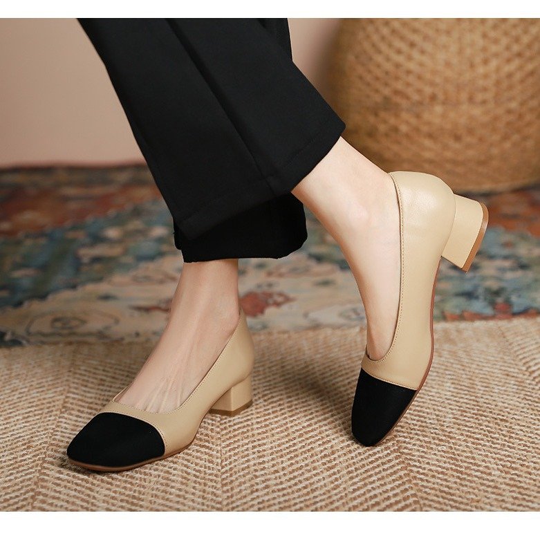 Women's Color-Block Square Toe Lambskin Block Heel Pumps