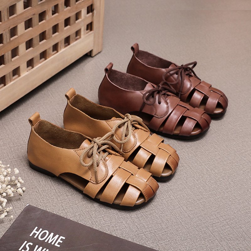 Women's Lace-Up Perforated Leather Driving Loafers with Round Toe Flat Sole