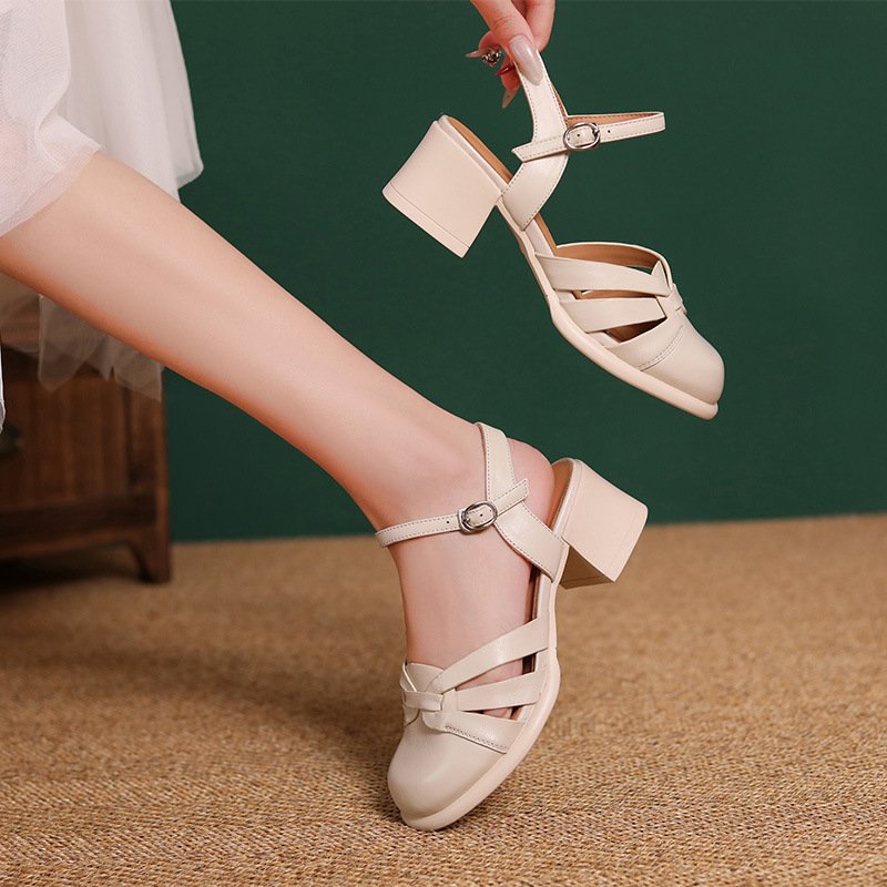 Women's Genuine Lambskin Block Heel Sandals with Cross Strap Buckle - Round Toe Closed-Front Summer Heels