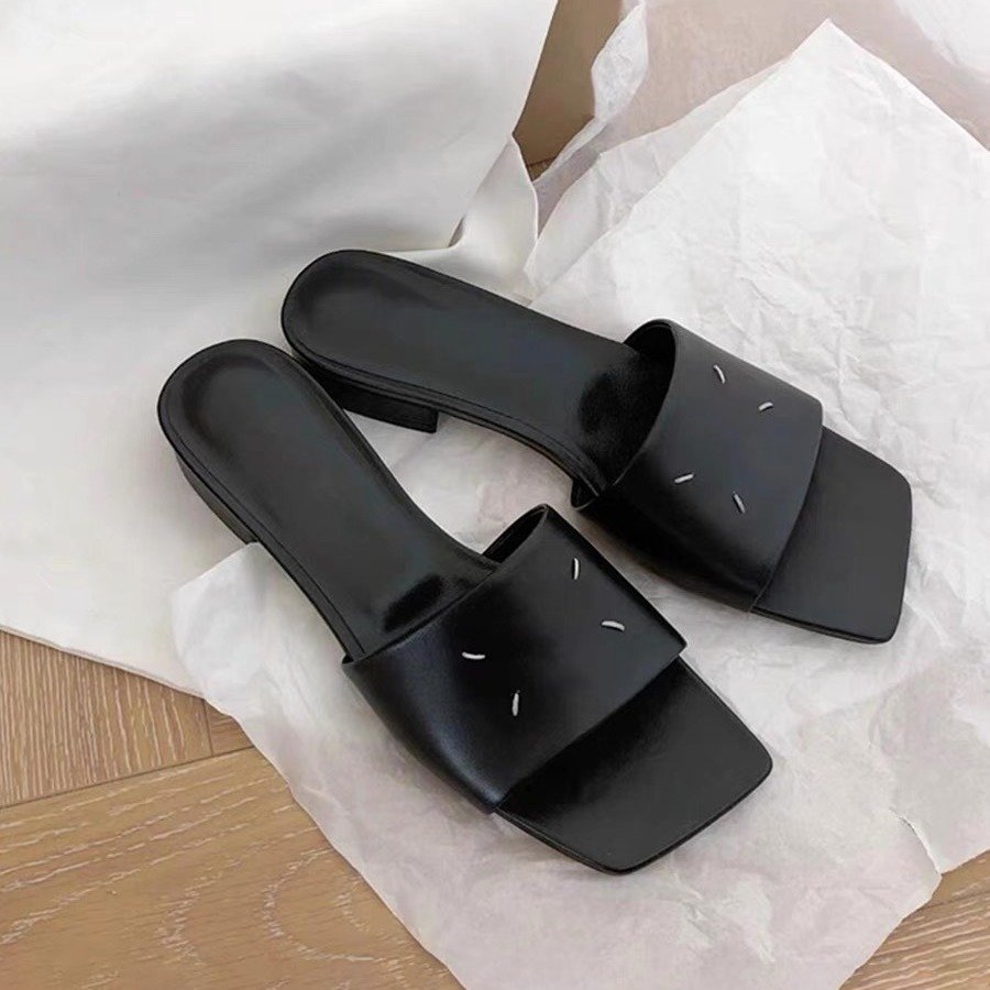 Women's Black Lambskin Leather Square Toe Block Heel Slide Mules - Minimalist French Style