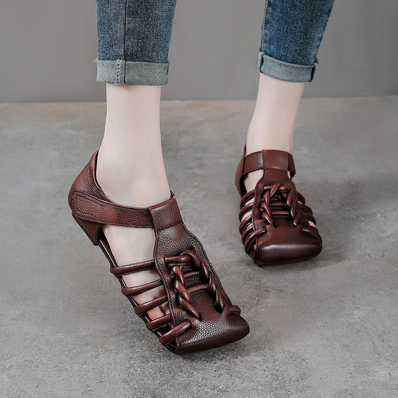 Women's Genuine Leather Flat Roman Sandals with Woven Hollow-Out Detail and Round Toe - Retro Style