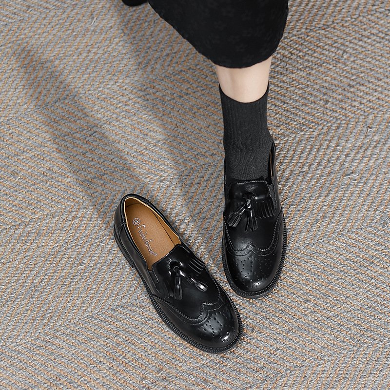 Women's British Style Tassel Loafers with Round Toe Low Block Heel