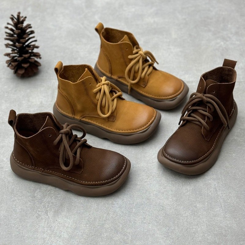 Women's Square Toe Genuine Leather Lace-Up Ankle Martin Boots