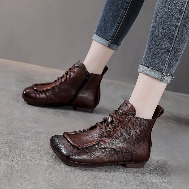 Women's Genuine Leather Round Toe Flat Ankle Boots with Side Zipper