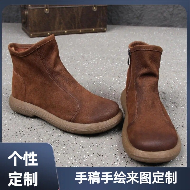 Women's Round Toe Genuine Leather Ankle Martin Boots with Low Heel