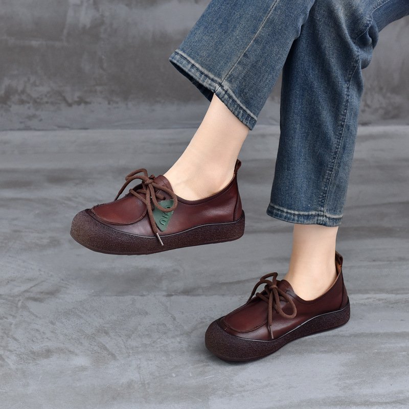 Women's Round Toe Leather Slip-On Loafer Flats