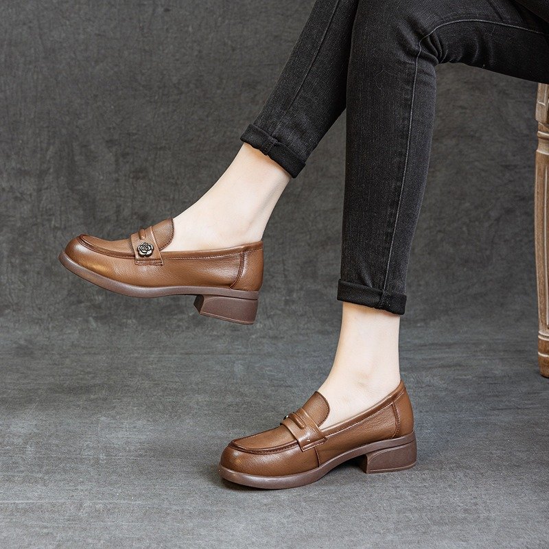 Women's British Style Round Toe Leather Loafers with Block Heel and Metal Buckle