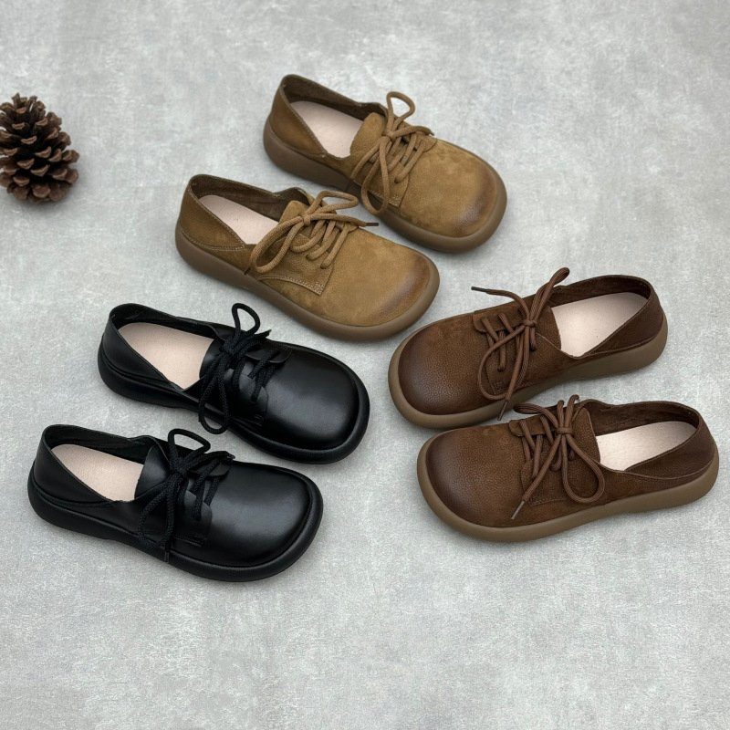 Women's Round Toe Suede Leather Lace-Up Flat Casual Loafers
