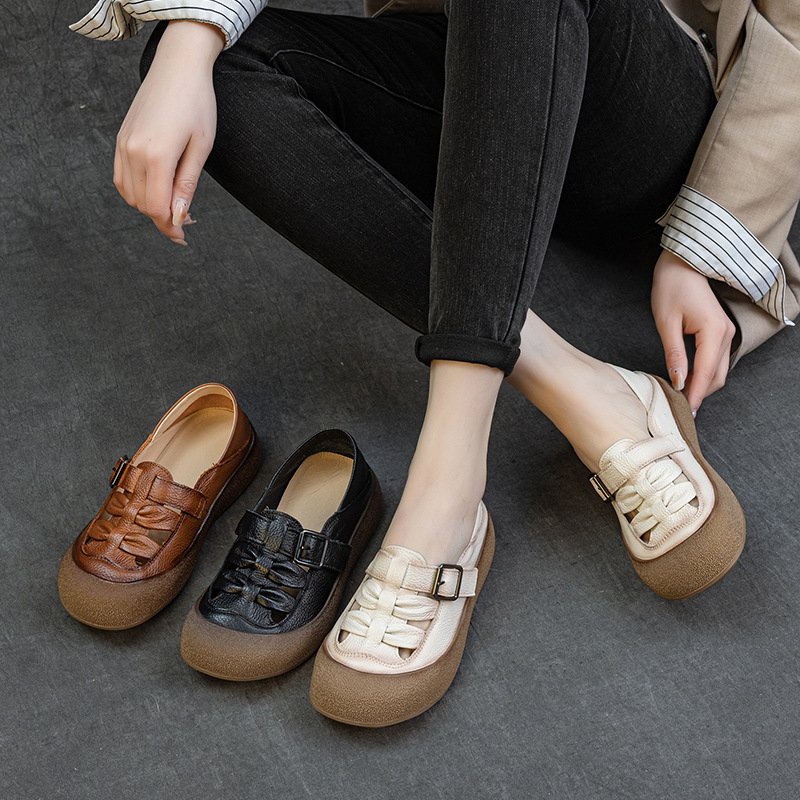 Women's Genuine Leather Roman Flat Sandals with Woven Cutout Upper and Buckle Strap - Round Toe Platform Sole