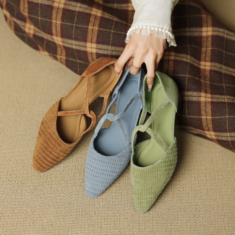 Women's Woven Textured Pointed Toe Flat Sandals with Cross Strap - Casual French Style Genuine Leather Flats