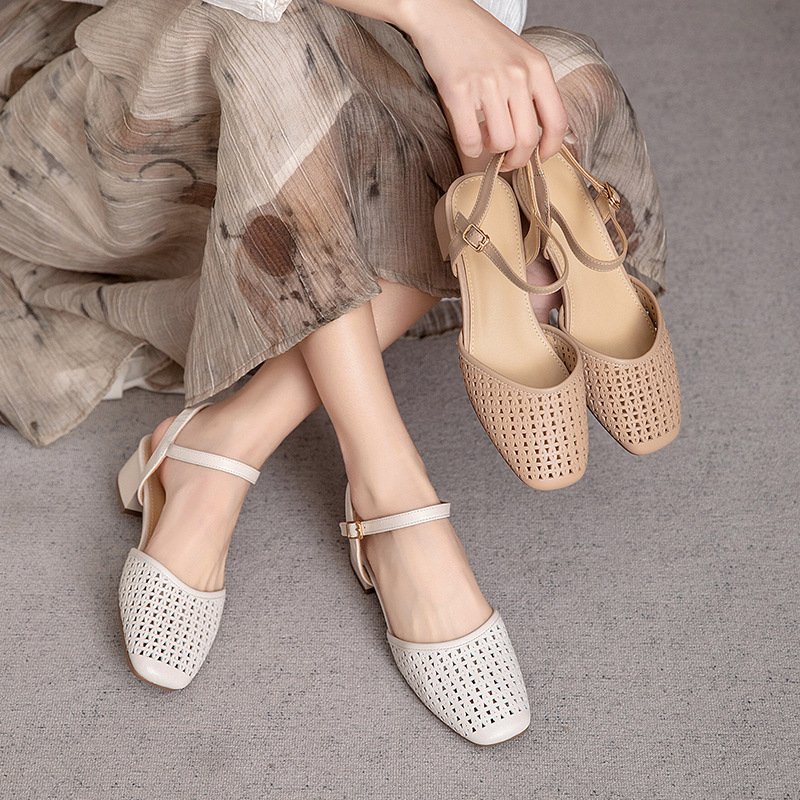 Women's Square Toe Cutout Leather Slingback Sandals with Block Heel and Ankle Strap Buckle