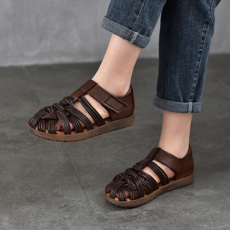 Women's Vintage Roman Closed-Toe Woven Leather Flat Sandals with Velcro Closure