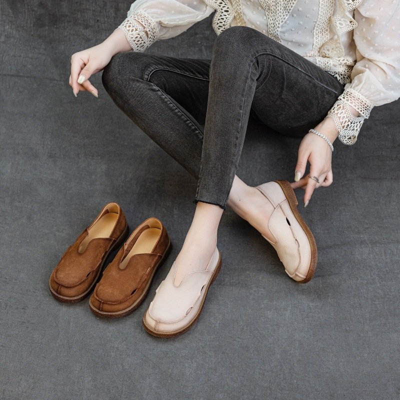 Women's Vintage Distressed Leather Round Toe Slip-On Flat Loafers