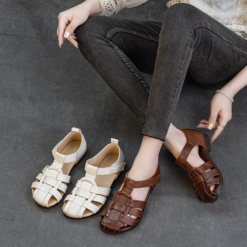 Women's Genuine Leather Roman Gladiator Sandals Flat Woven Closed-Toe Summer Shoes