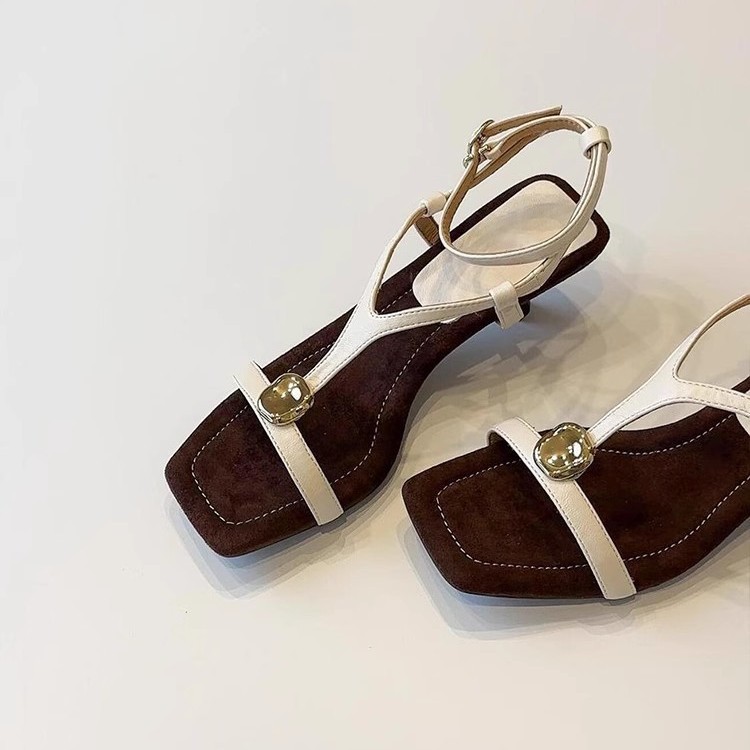 Women's Square Toe T-Strap Block Heel Sandals with Gold Metal Embellishment - Genuine Leather Upper