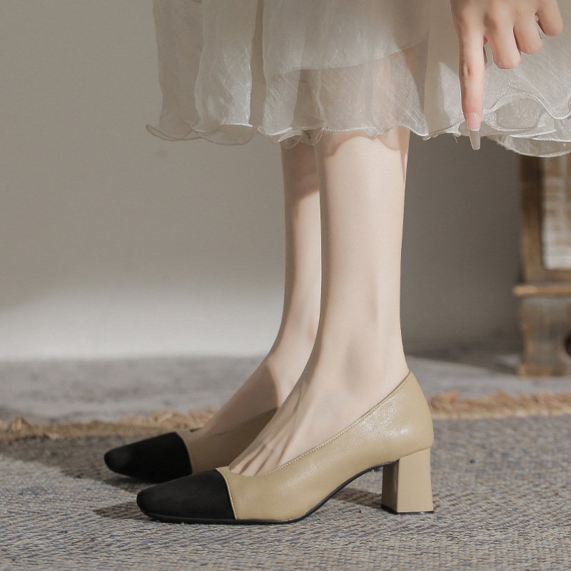 Women's Color-Block Square Toe Leather Block Heel Pumps