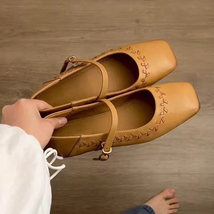 Women's Square Toe Leather Mary Jane Flats with Buckle Strap