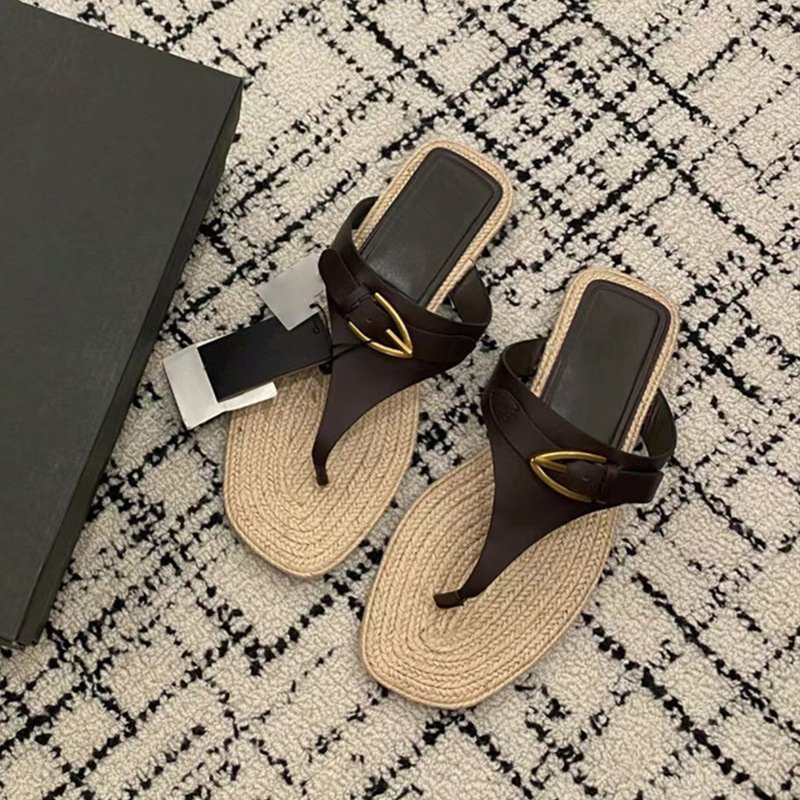 Women's Handwoven Rattan Thong Sandals with Genuine Leather Straps and Gold Buckle Detail