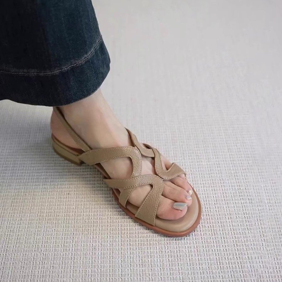 Women's Round Toe Flat Roman Sandals with Crisscross Straps and Slingback Buckle - Sheepskin Lined Split Leather Upper