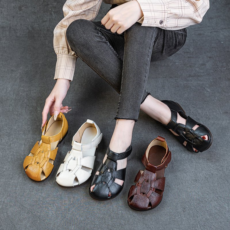 Women's Genuine Leather Roman Sandals Flat Heel Round Toe Closed-Toe Woven Design with Velcro Closure