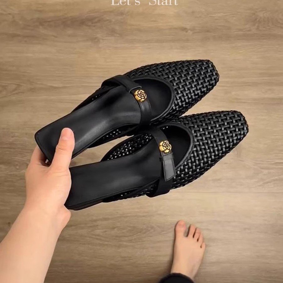 Women's Woven Square Toe Flat Mule Slingback Sandal with Gold Camellia Embellishment