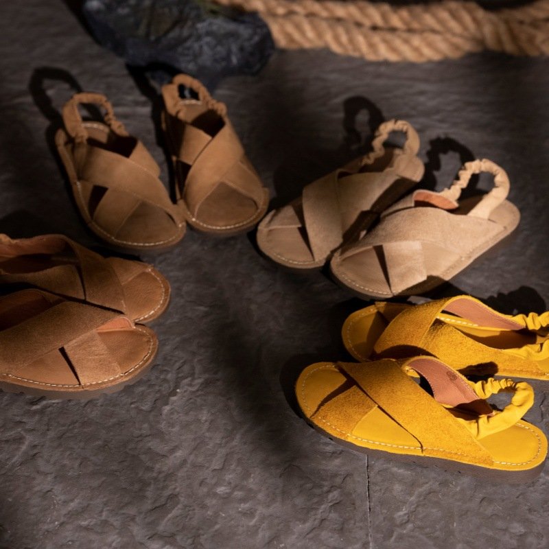 Women's Genuine Leather Flat Roman Sandals with Crossover Straps and Elastic Slingback - Casual Suede Open Toe Summer Sandals