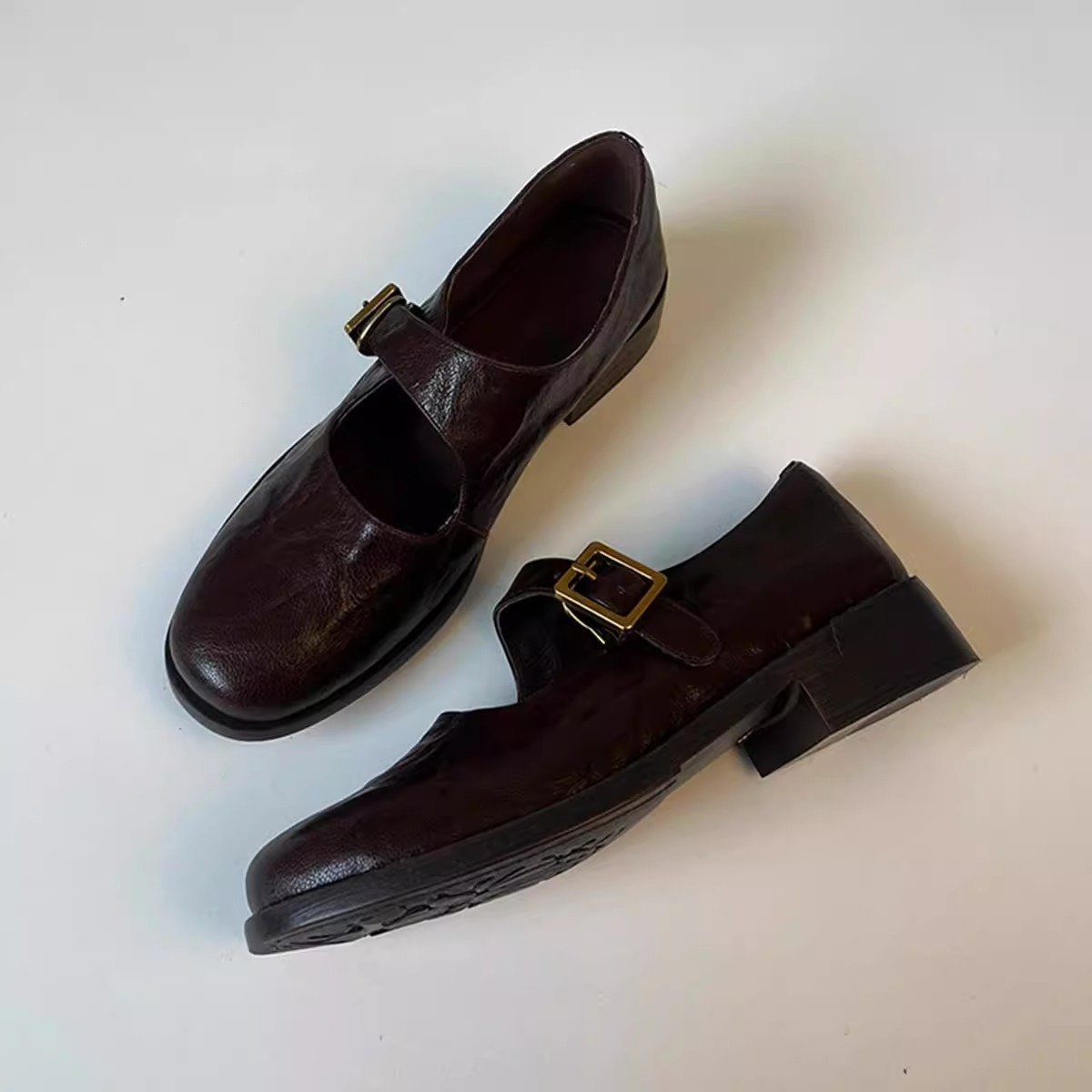 Women's Black Sheepskin Mary Jane Flats with Round Toe and Buckle Strap