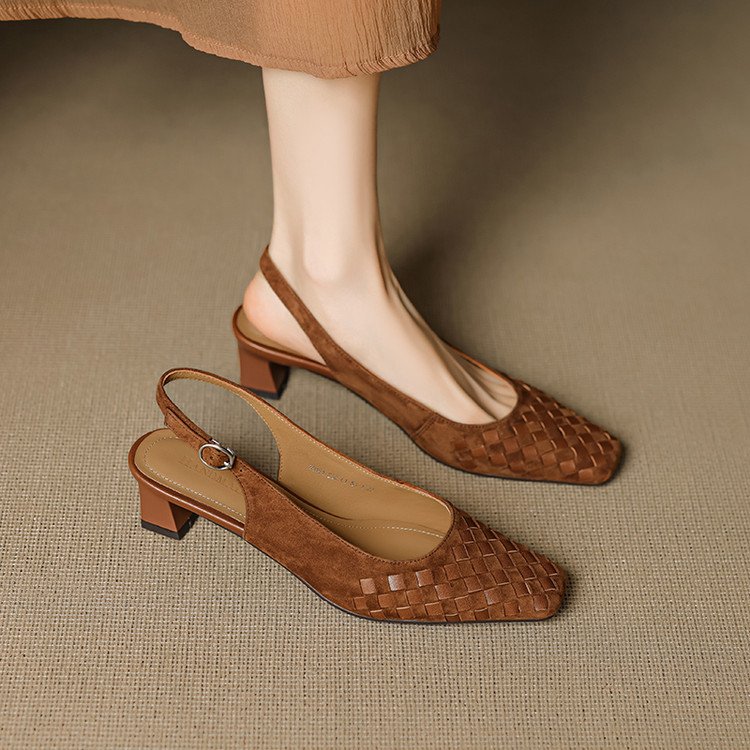 Women's Square Toe Slip-On Leather Pumps with Mid Block Heel