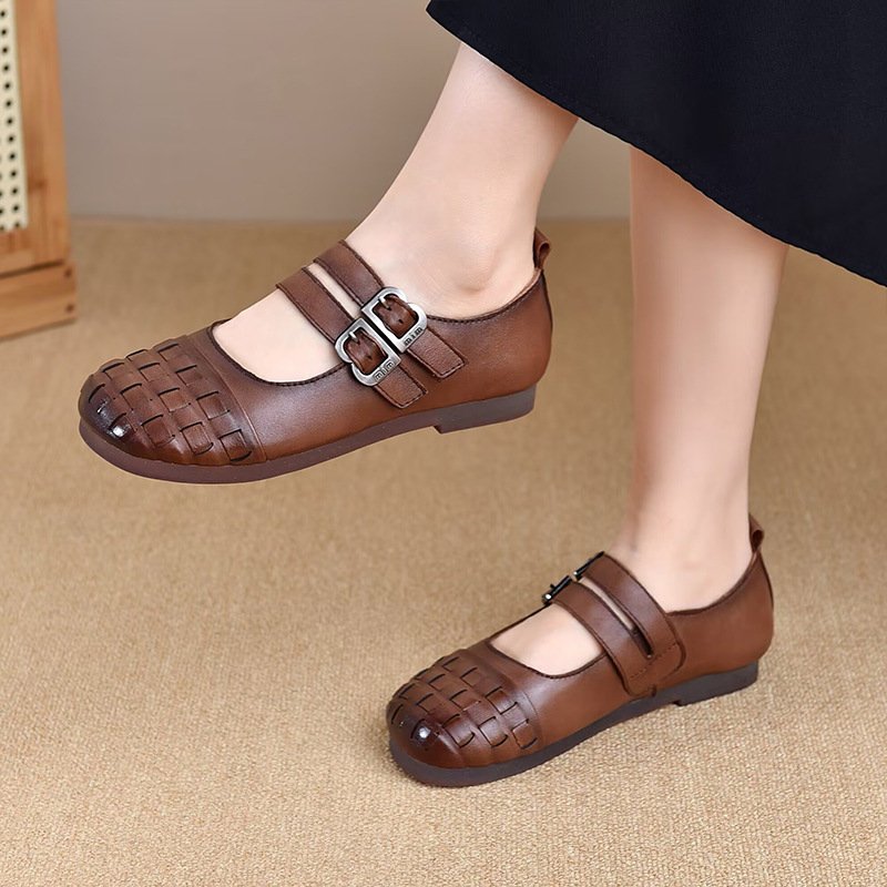Women's Round Toe Flat Leather Mary Jane Loafers with Buckle Strap