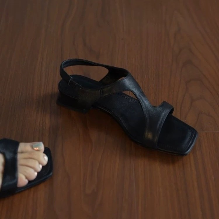 Women's Retro Square Toe Block Heel Slingback Sandals with Z-Strap - Genuine Leather Roman Style