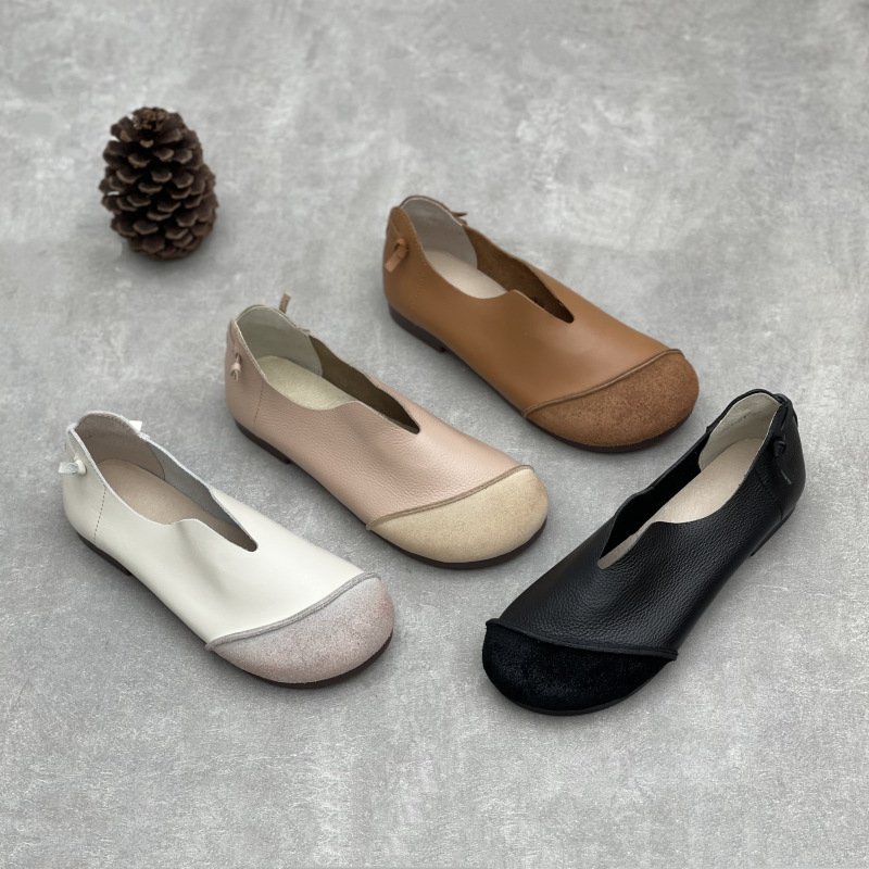 Women's Round Toe Genuine Leather Flat Slip-On Shoes