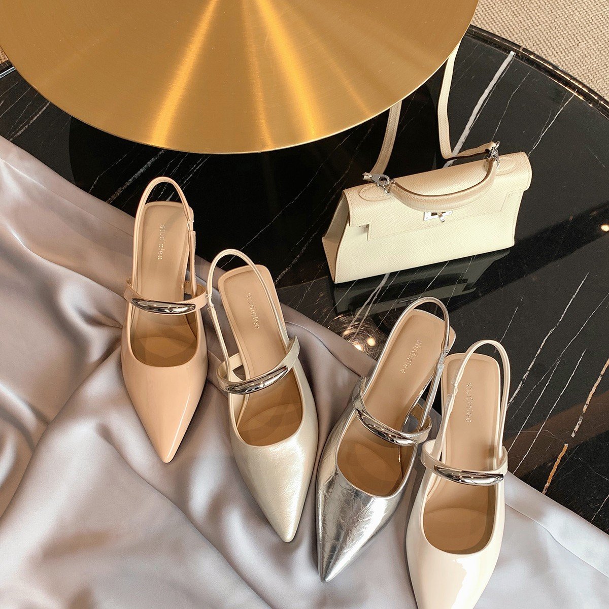 Women's Genuine Lambskin Pointed Toe Slingback Kitten Heel Sandals with Metal Bar Strap