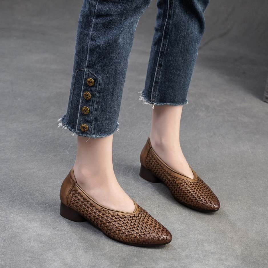 Women's Pointed Toe Genuine Leather Flat Slip-On Shoes