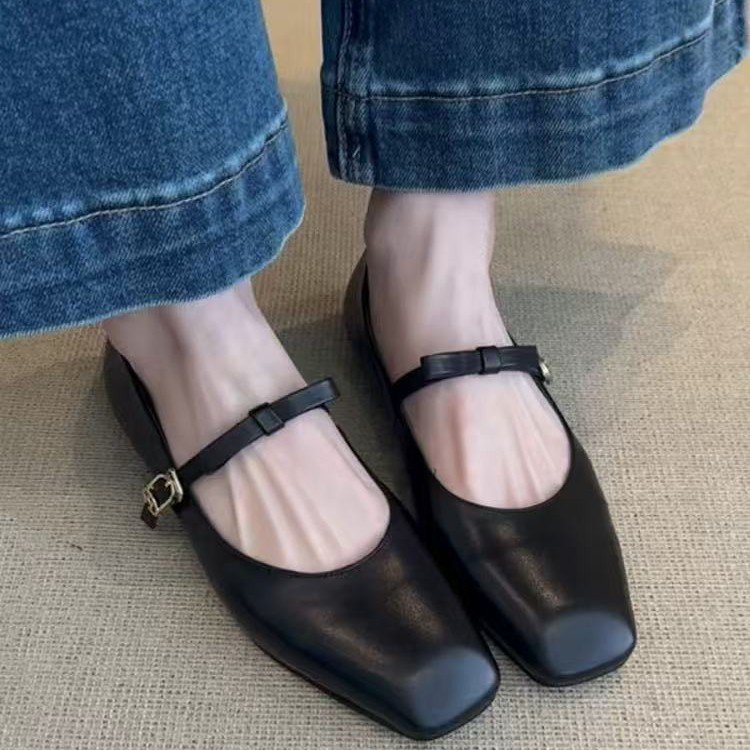 Women's Square Toe Wedge Mary Jane Leather Flats with Buckle Strap