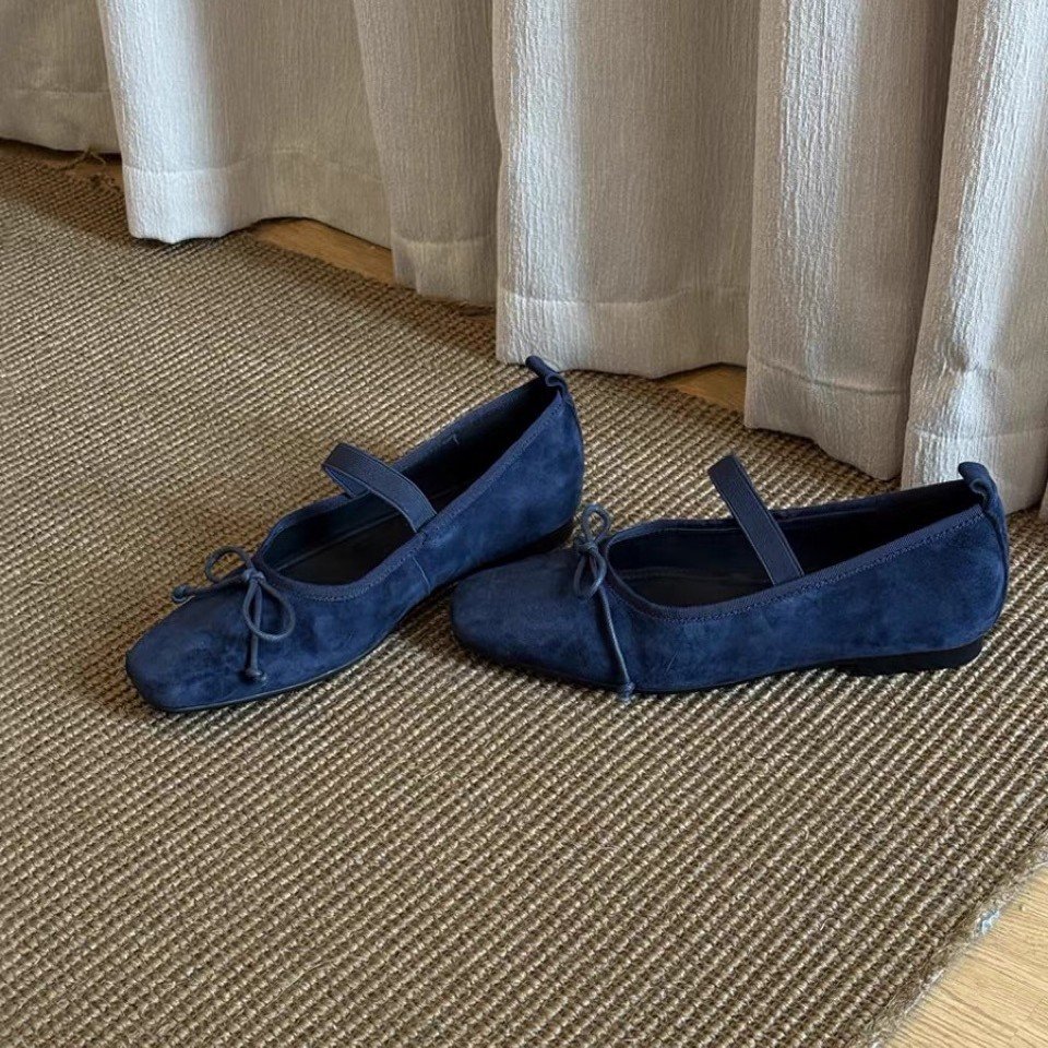 Women's Square Toe Suede Mary Jane Ballet Flats with Bow Strap