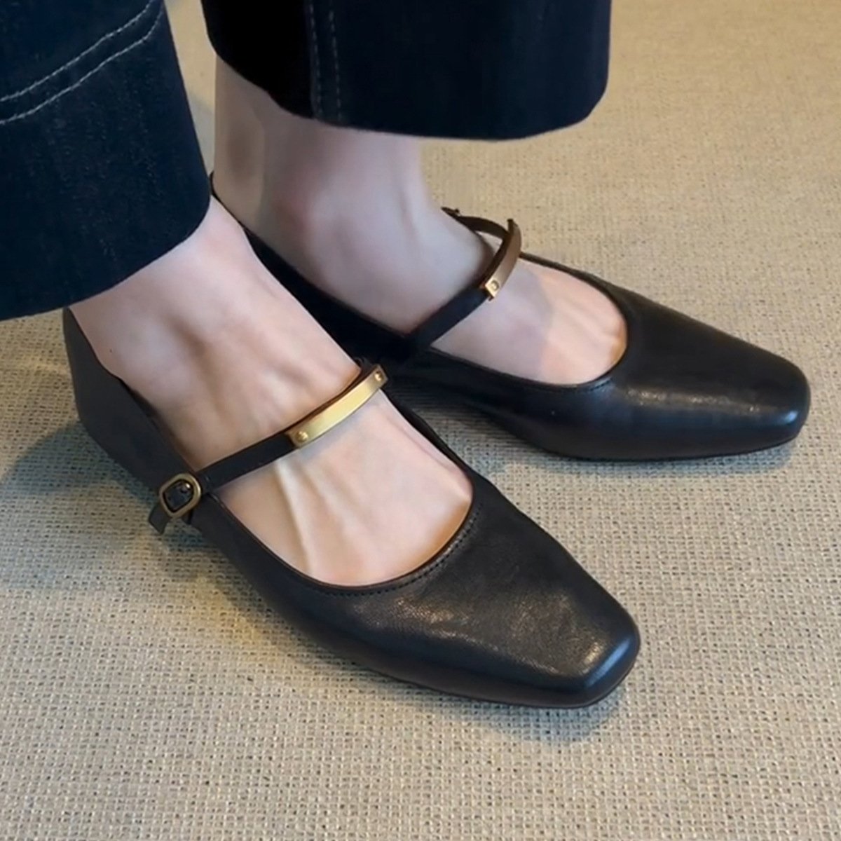 Women's Black Square Toe Mary Jane Flats with Cross Strap Block Heel