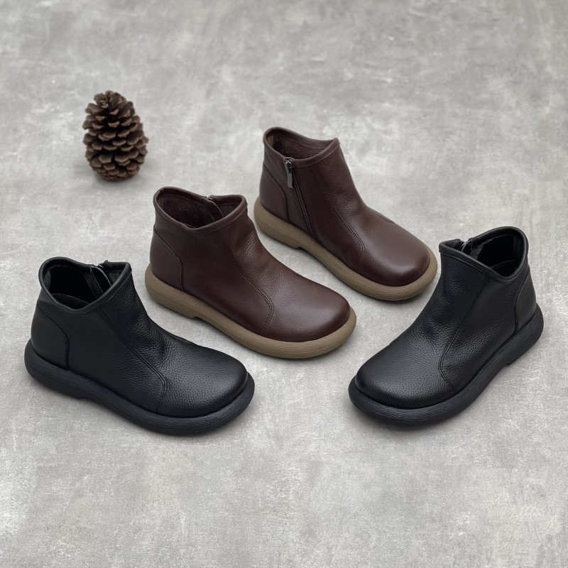 Women's Round Toe Flat Ankle Boots in Full Grain Cow Leather